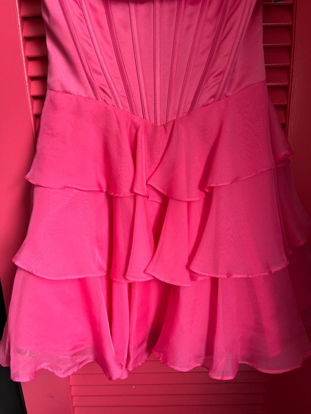 Beaded Bust Hot Pink Tiered Ruffle Prom Dress - Picture 5 of 16